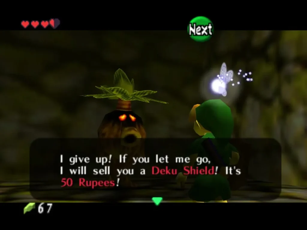 Business Scrub in a dialogue box offering to sell a Deku Shield for 50 Rupees