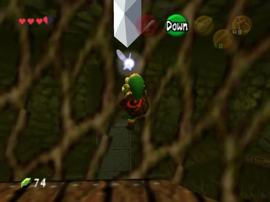 Link climbing the vines beneath a silver rupee at the top of the room