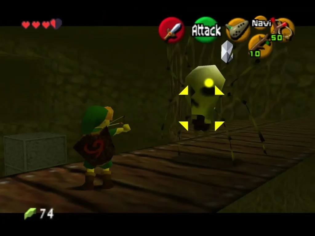Link facing a Skulltula on the wooden walkway, with a silver rupee floating above