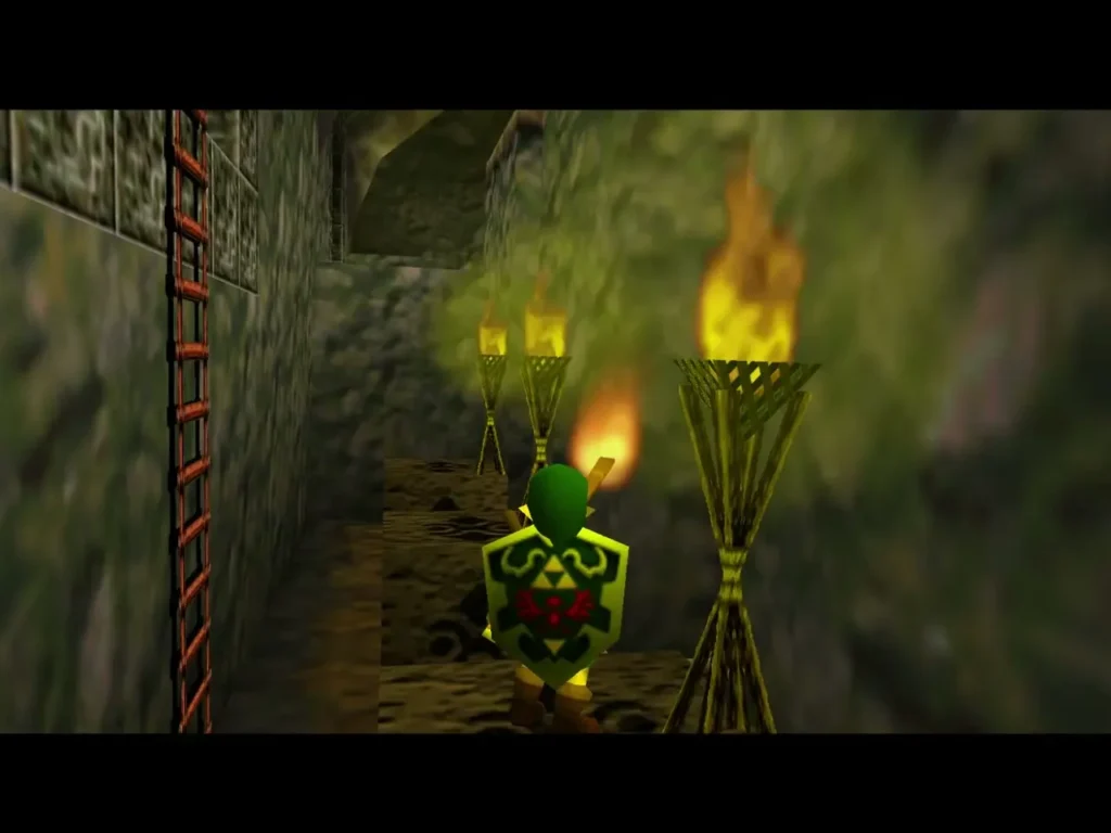 Link standing among three lit torches in the torch room