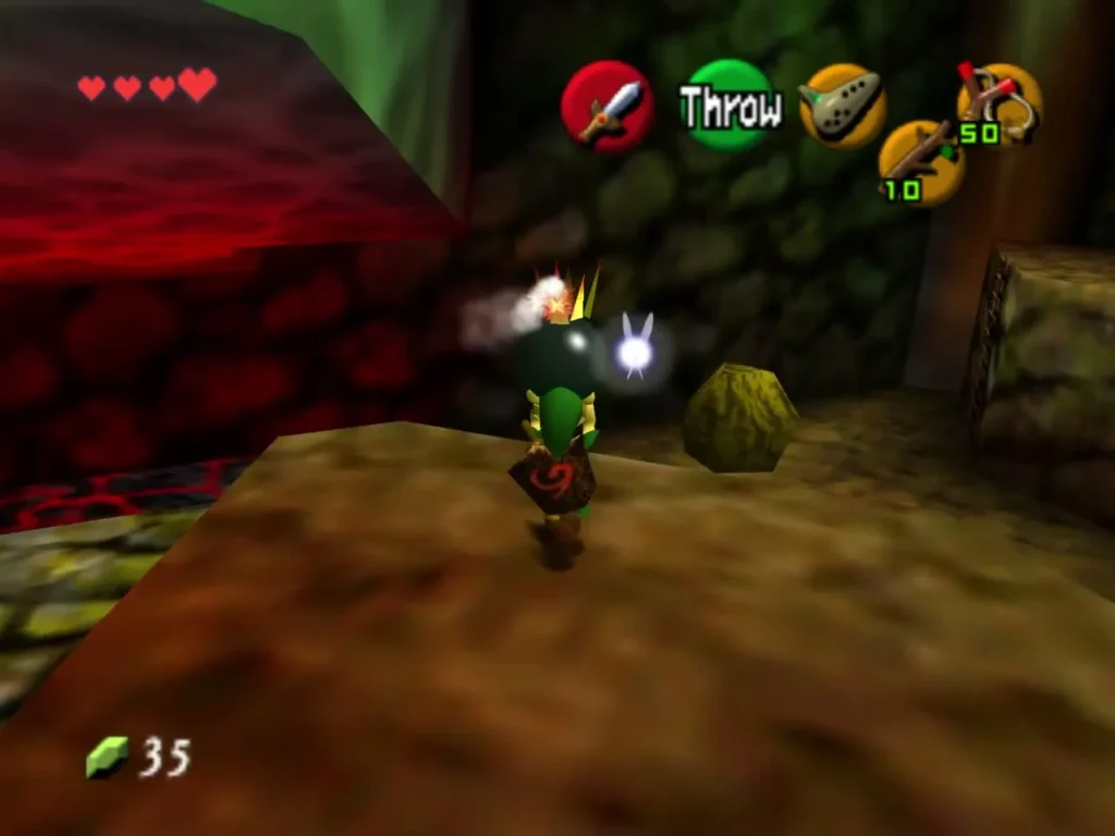 Link holding a Bomb Flower overhead beside the lava, ready to throw