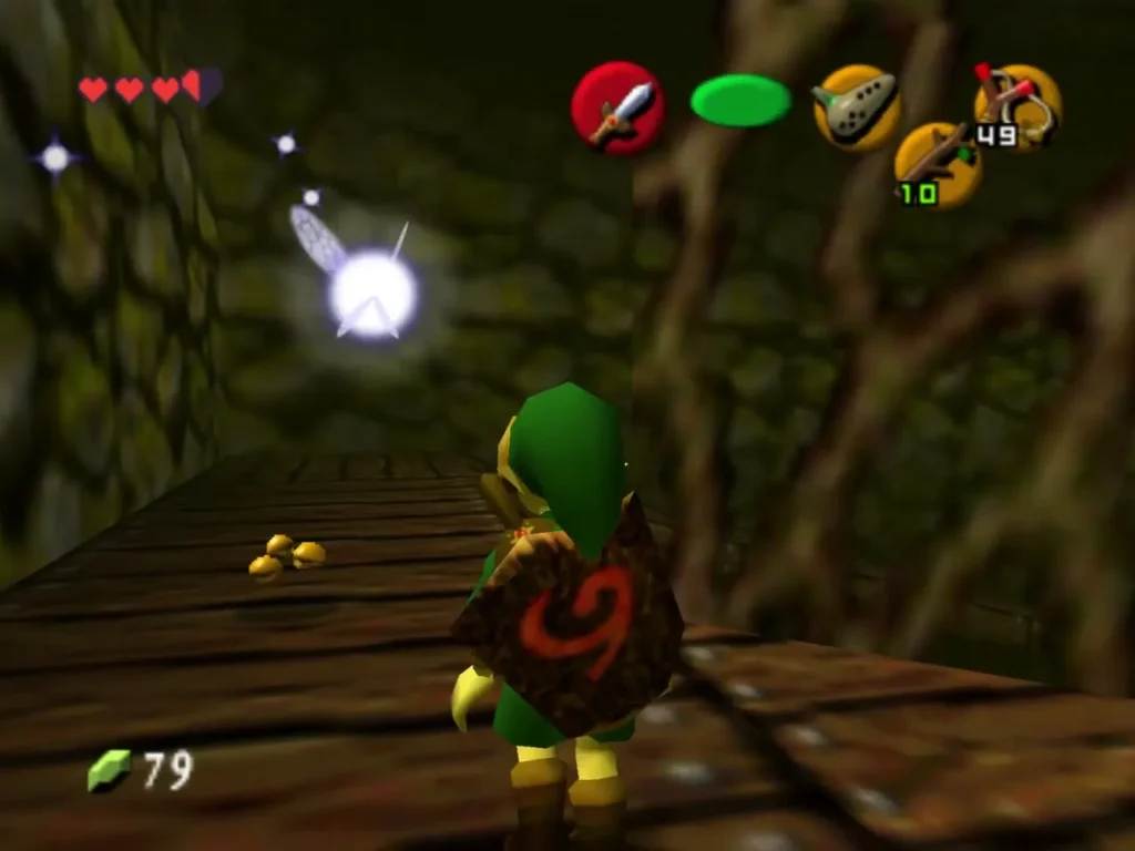 Link on the wooden walkway at the top of the stairs, a fairy hovering nearby
