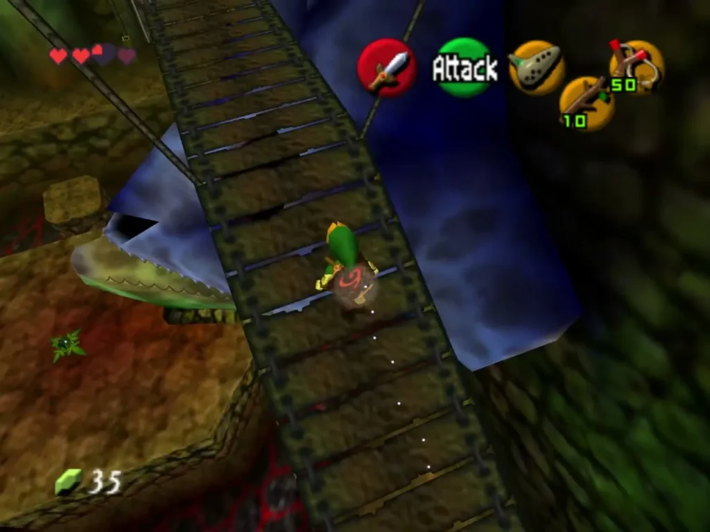 Link crossing a wooden rope bridge beside the carved Dodongo skull jaw