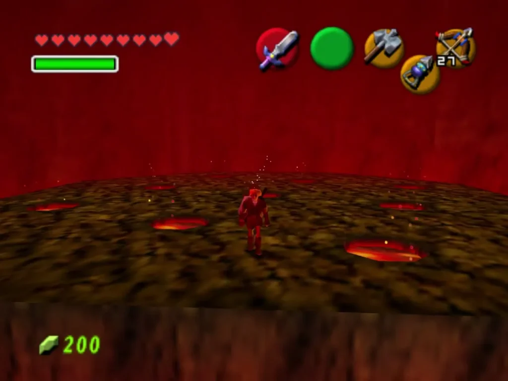 Link standing among several lava-rimmed holes on the arena floor