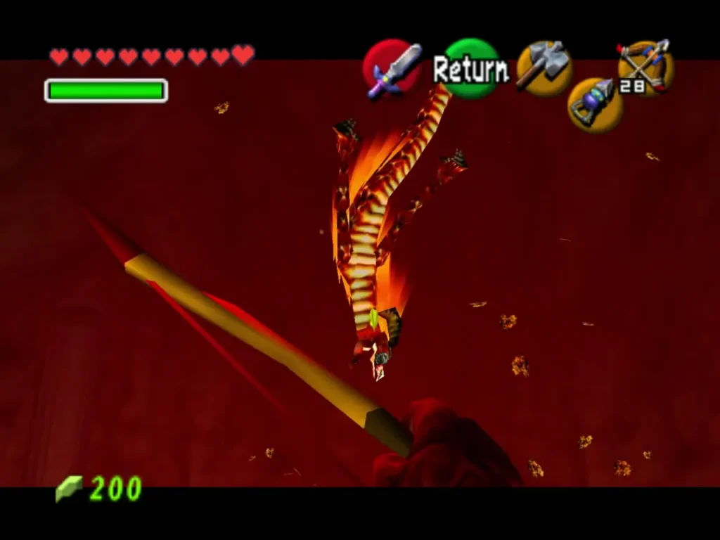 Link drawing a bow with an arrow flying toward Volvagia in the air