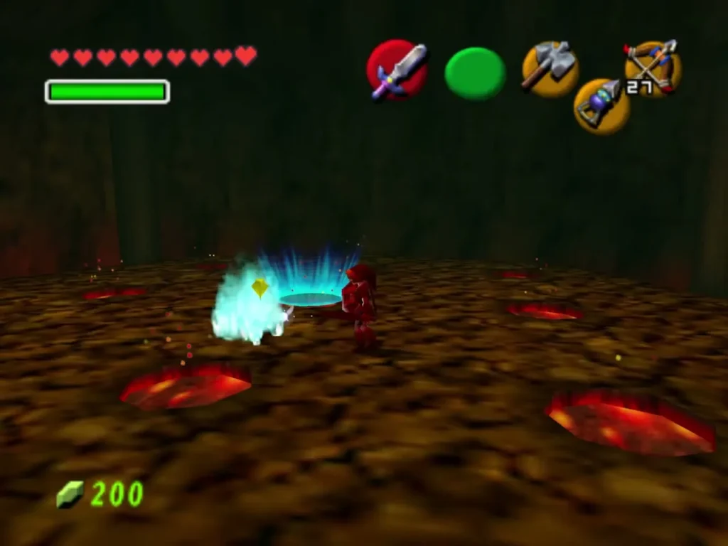 A blue warp light glowing on the arena floor beside Link
