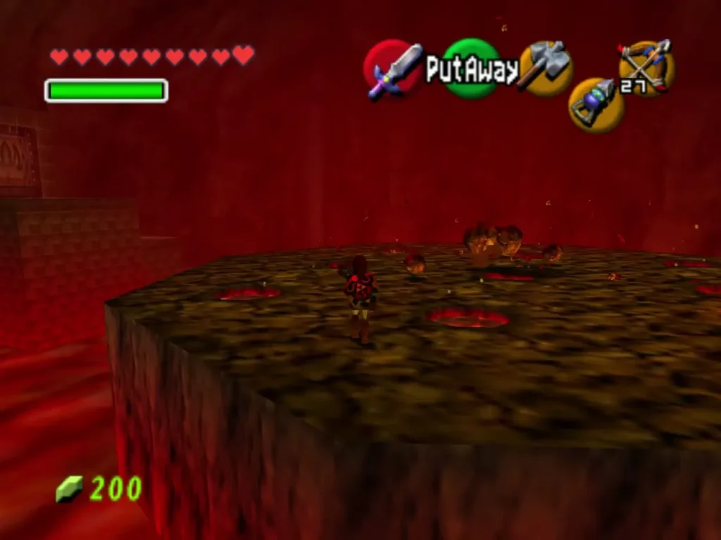 Link on the lava arena with burning rocks scattered across the floor