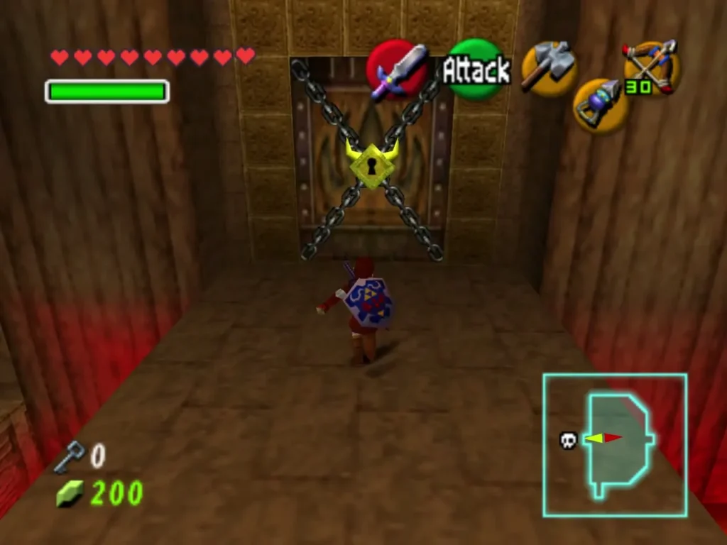Chained boss door with a golden lock at the end of a red-lit hall