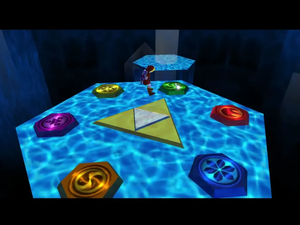 Link standing in the Chamber of Sages beside the ringed medallion pedestals on blue water