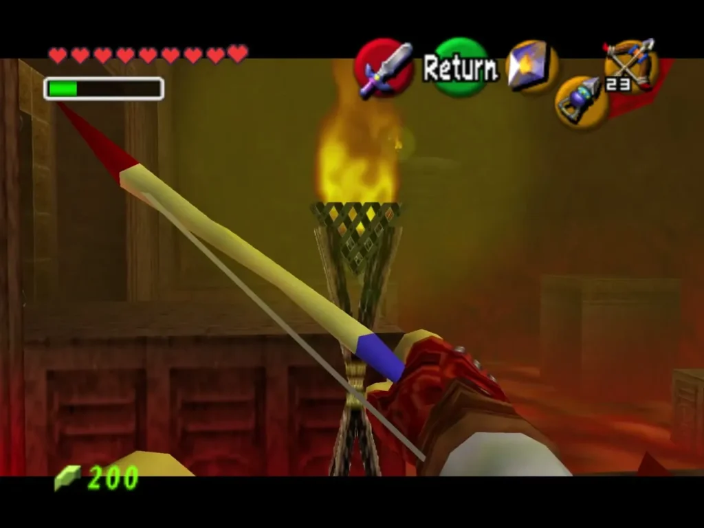 Link draws the Fairy Bow toward a burning torch in a lava chamber of the Fire Temple
