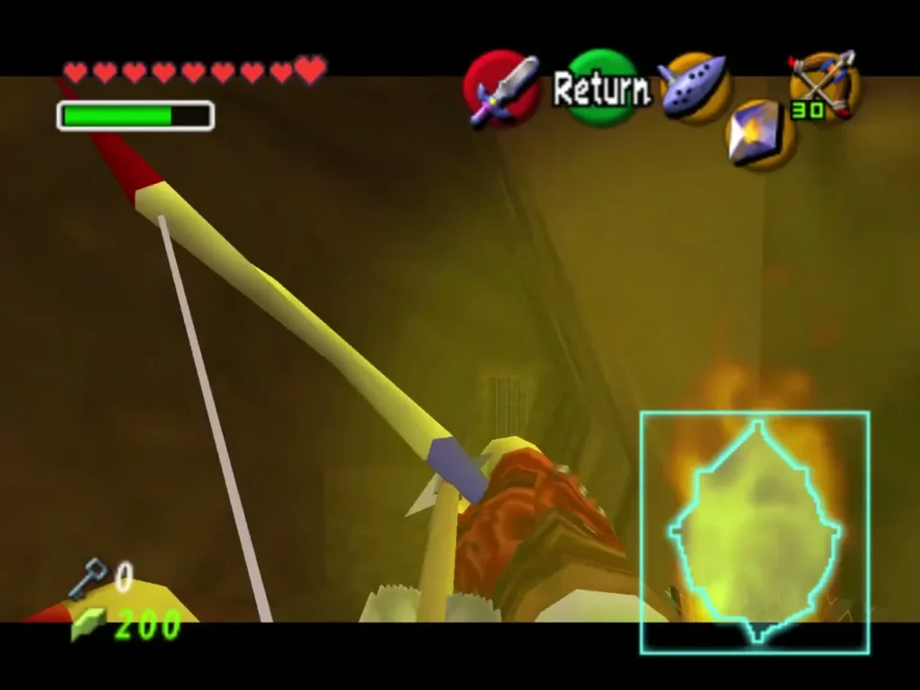 An arrow flies through the flame of a torch in the Fire Temple