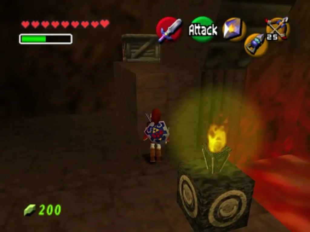 Link stands beside the lit torch on its stone target block