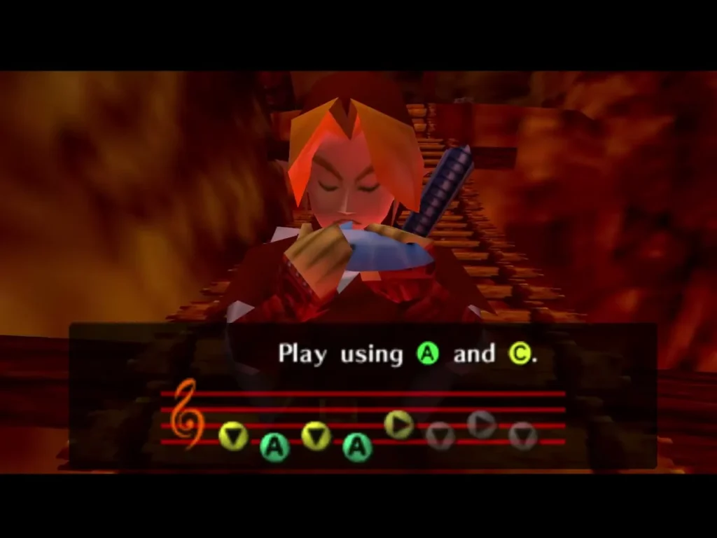 Link plays the Ocarina to confirm the Bolero of Fire, with the Play using A and C prompt on screen