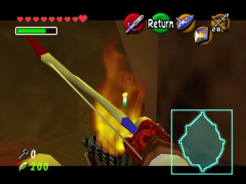 Link draws the bow toward a burning torch with an arrow nocked