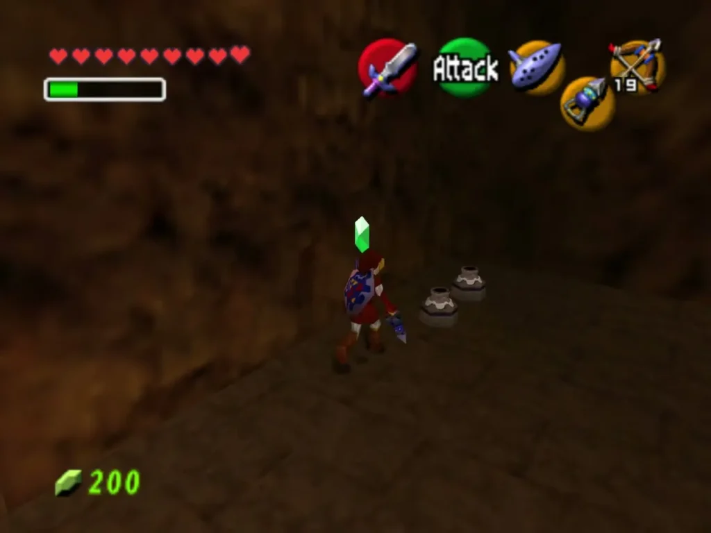 Link stands beside a green rupee on the floor after breaking a crate