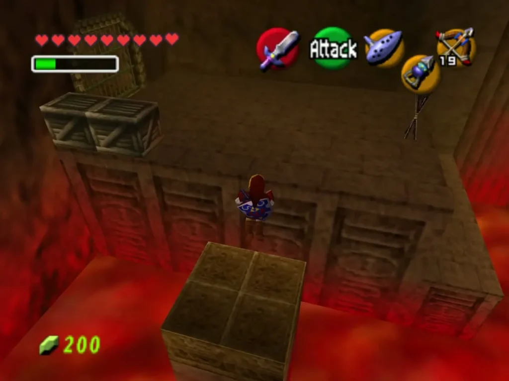 Link on the stone ledge in the Fire Temple, with wooden crates on the upper platform