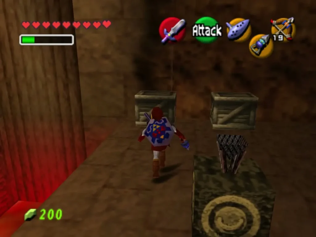 Link beside two wooden crates on a stone ledge above the lava