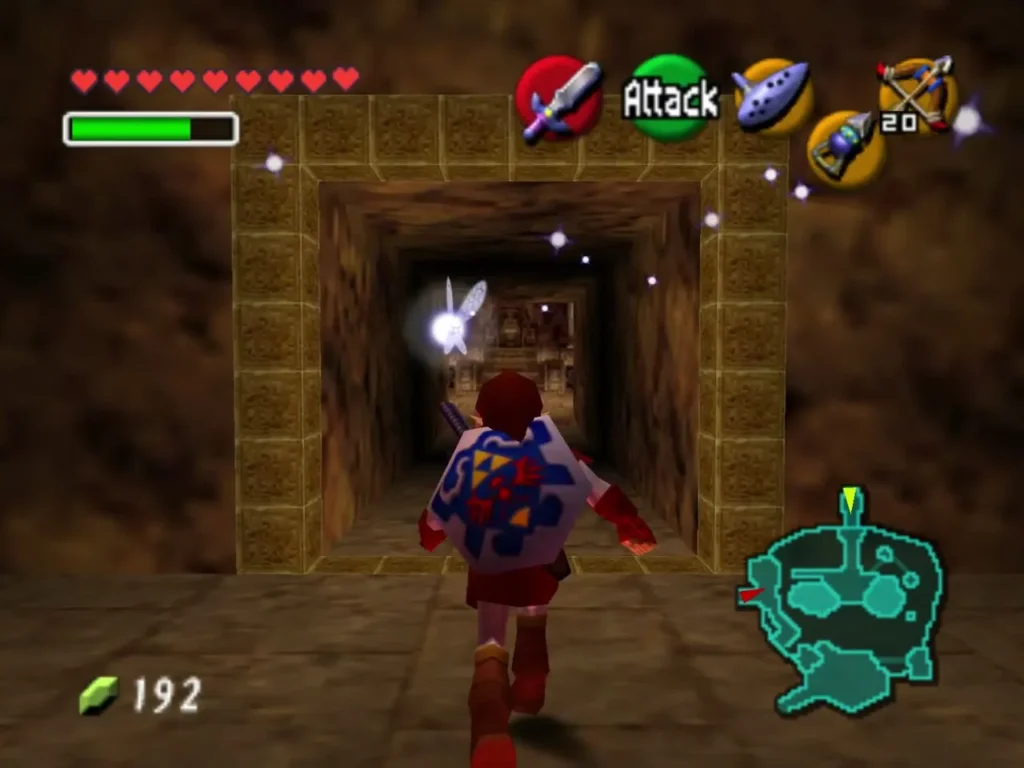 Link runs down the stone-walled tunnel into the Fire Temple with a fairy ahead