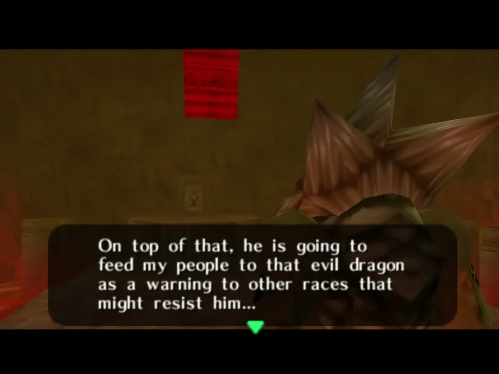 Darunia speaks through the doorway, warning that his people will be fed to the dragon