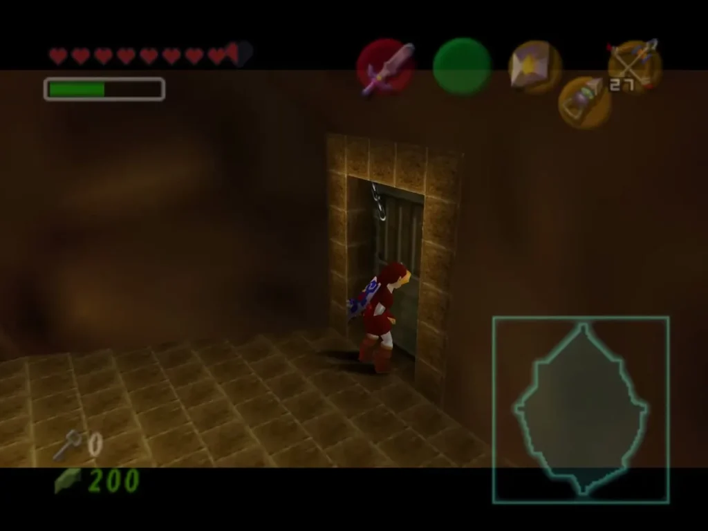 Link stands before an open door in the stone wall after using the key