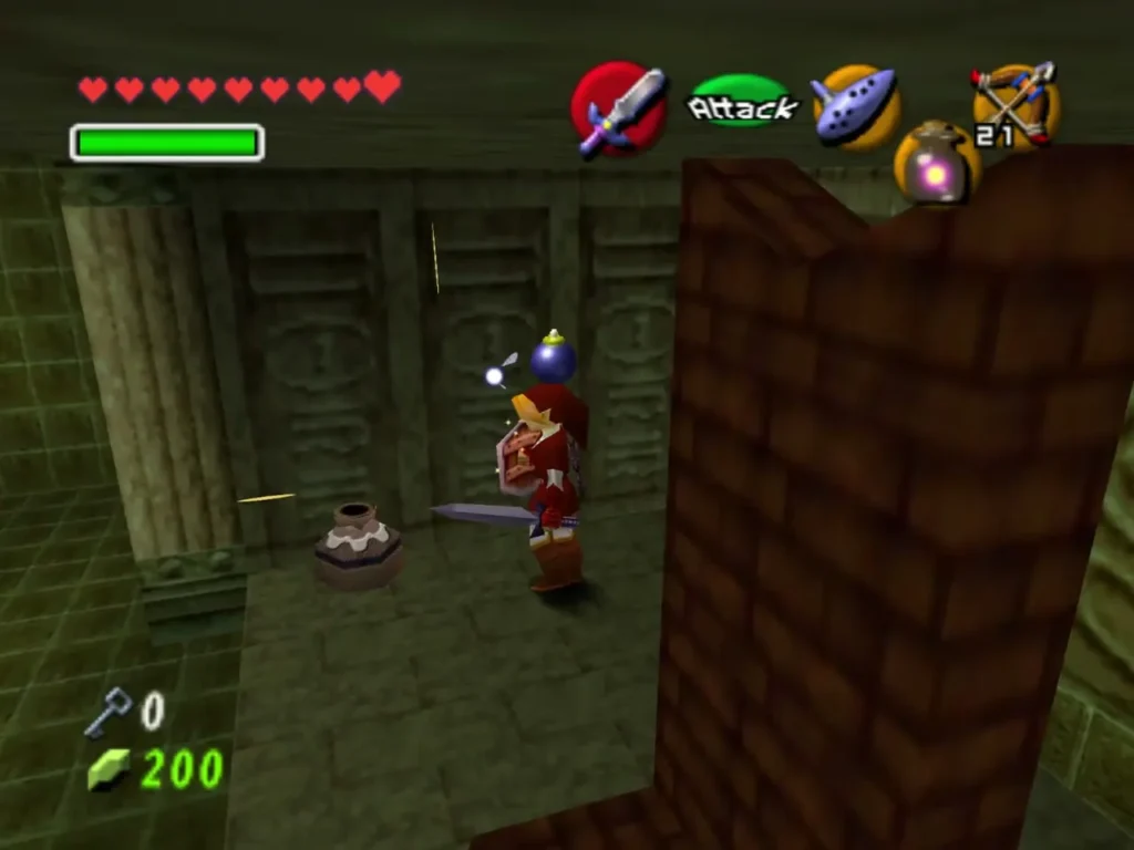 Link holds a Bomb overhead beside a pillar in a stone room