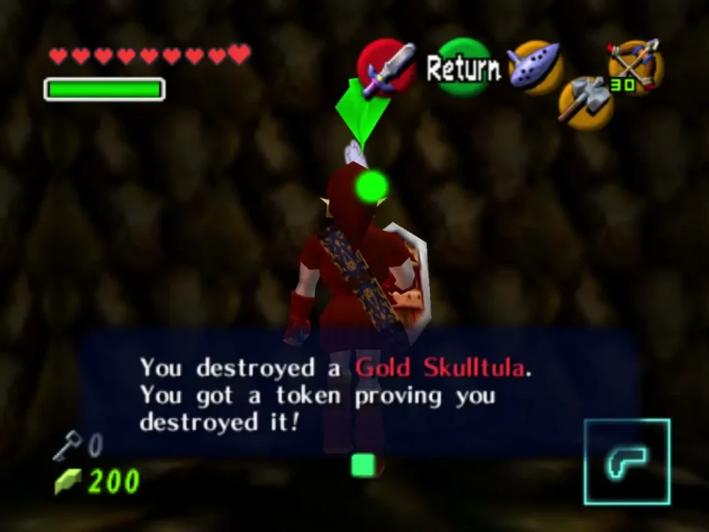 Link holds up a Gold Skulltula token, with the message that he destroyed the Skulltula
