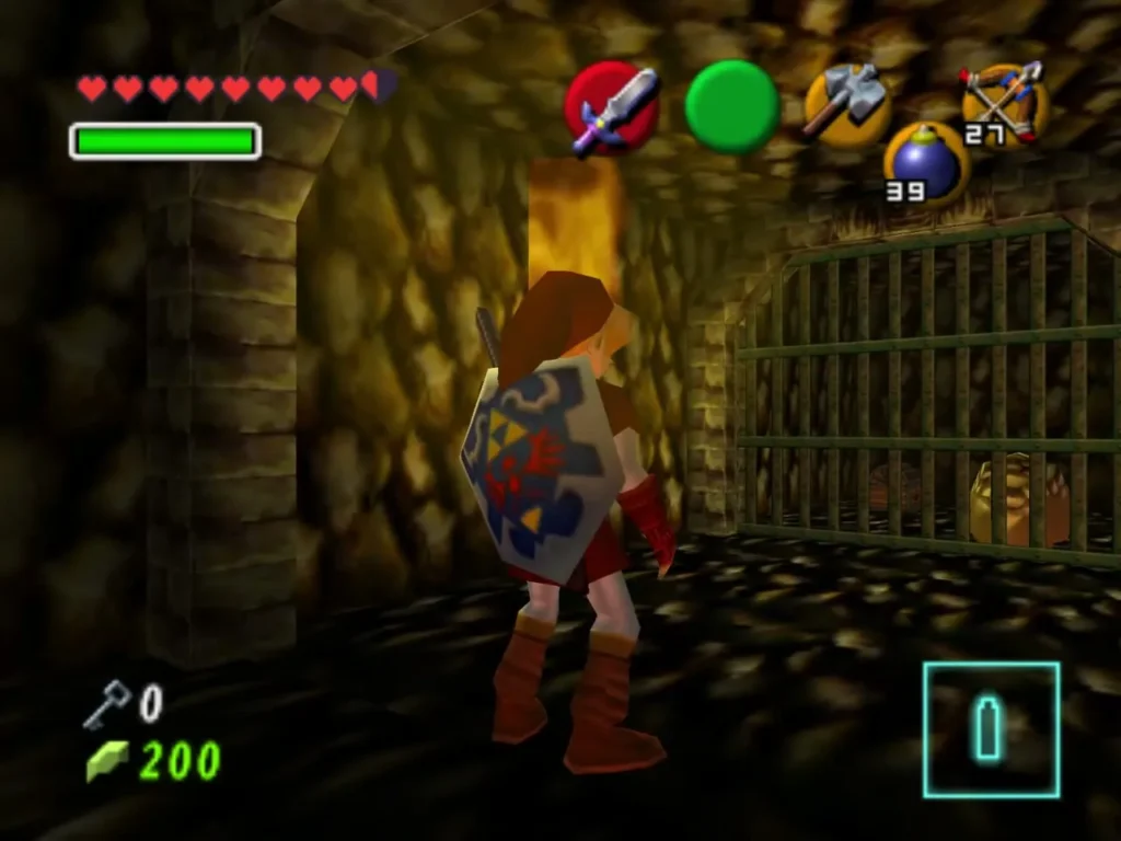 Link stands in the Goron tunnel facing the barred cell with a Goron inside