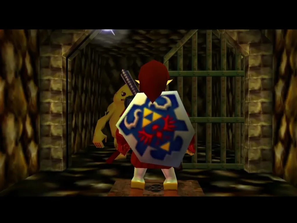 Link stands in the cell passage beside the Goron, the cell bars lifted