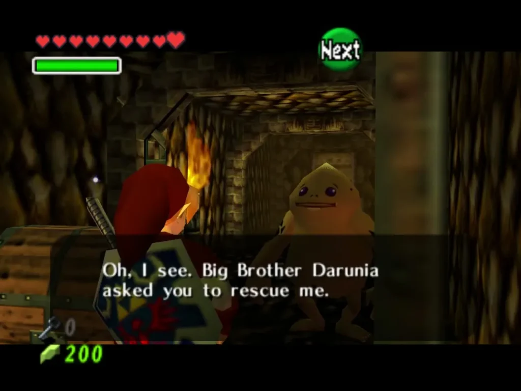 The freed Goron tells Link that Big Brother Darunia asked him to rescue him
