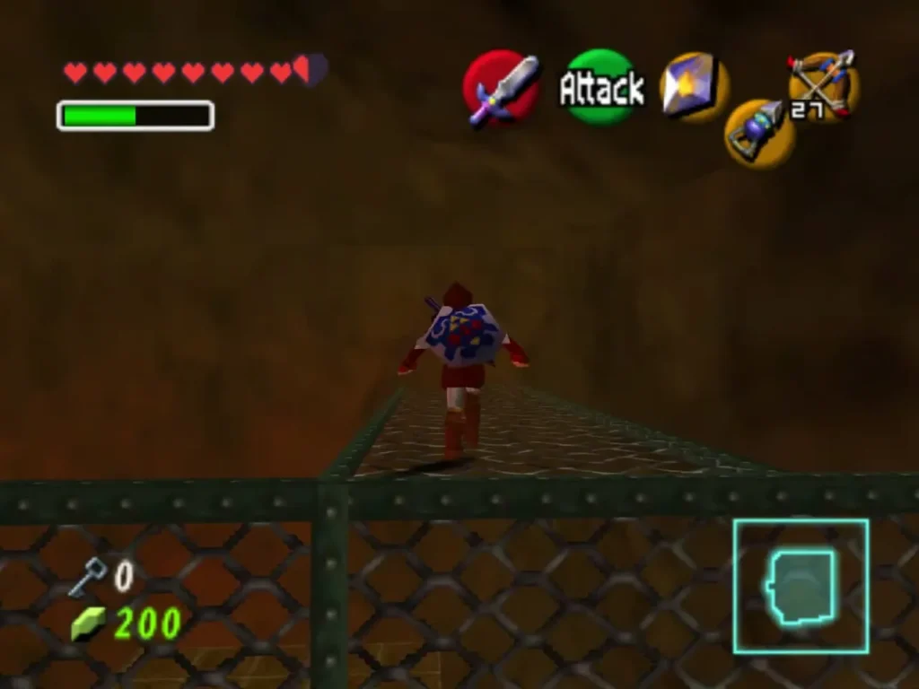 Link stands on a chain-link grate walkway in a stone room