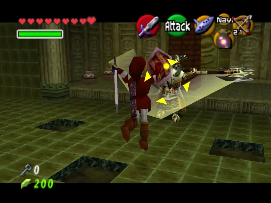 Link raises his shield toward an Iron Knuckle swinging its ax in the tile room