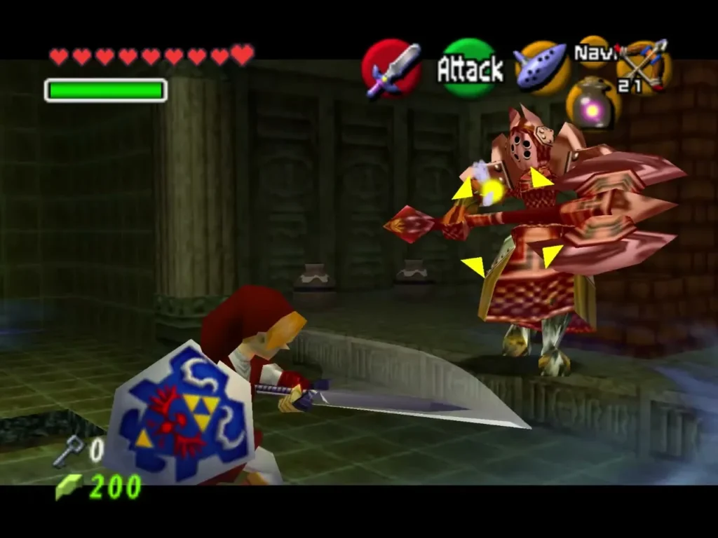 Link slashes his sword at a red Iron Knuckle in the tile room of the Fire Temple