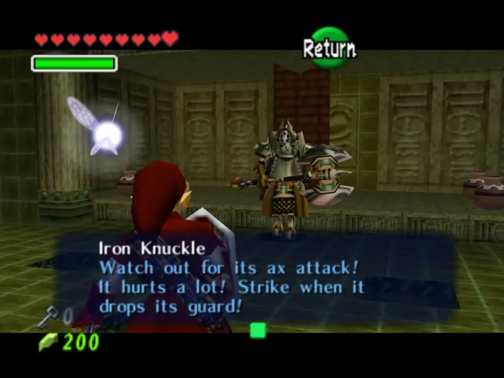 An Iron Knuckle stands in the tile room as a message warns Link about its ax attack