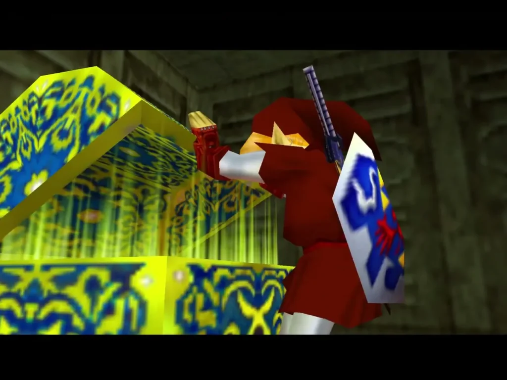 Link opens a large golden chest in the green-tiled room