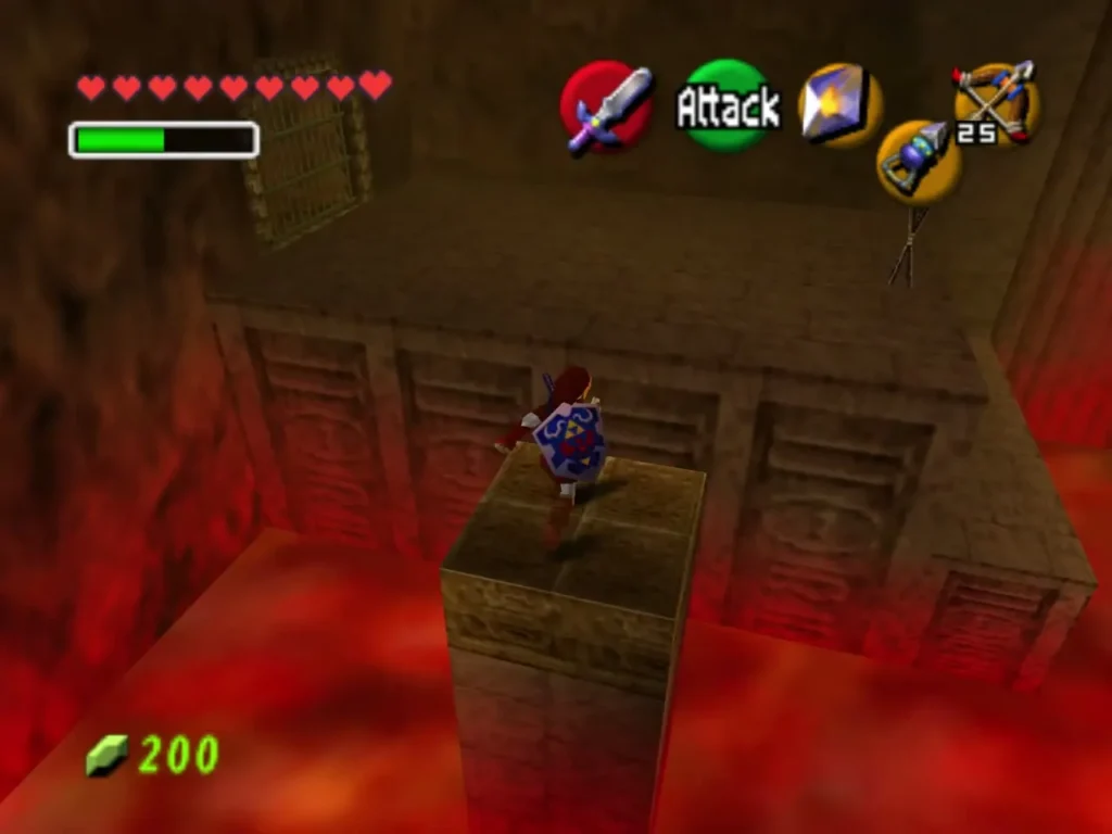 Link standing on a stone block above the lava in the Fire Temple