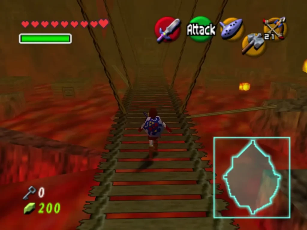 Link crosses a long rope bridge over the lava in the Fire Temple