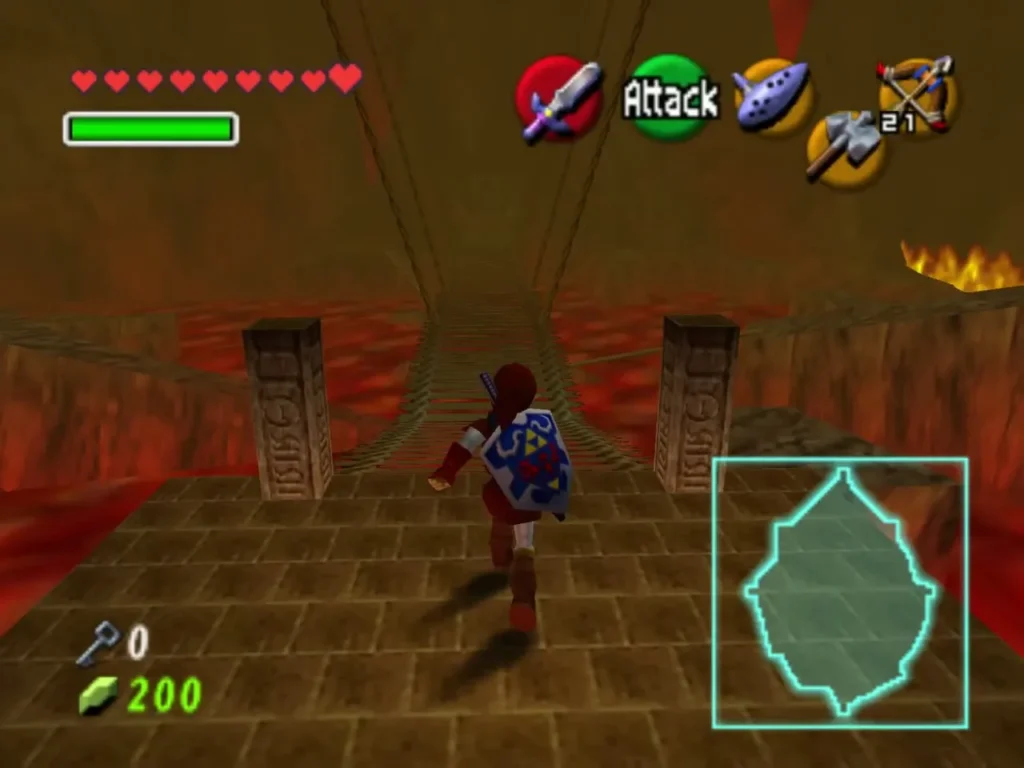 Link walks along a stone path toward the big lava room of the Fire Temple