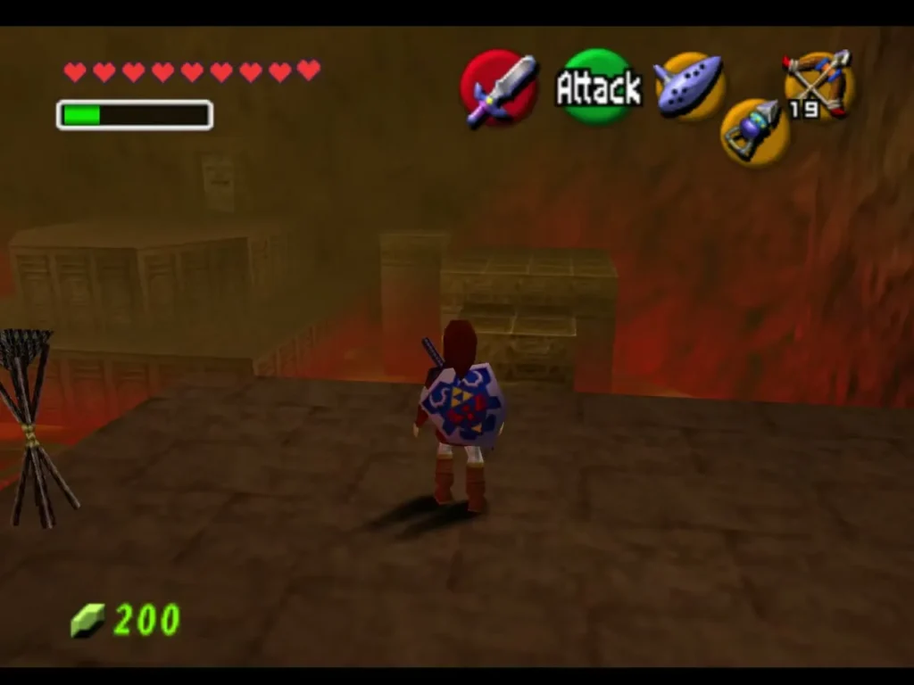 Link on a stone walkway in the lava room, with torches burning on the ledges
