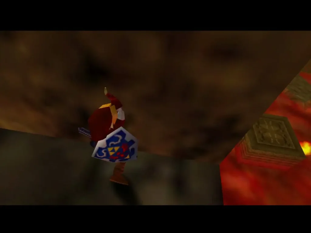 Link on a ledge beside the lava, facing the torch alcove