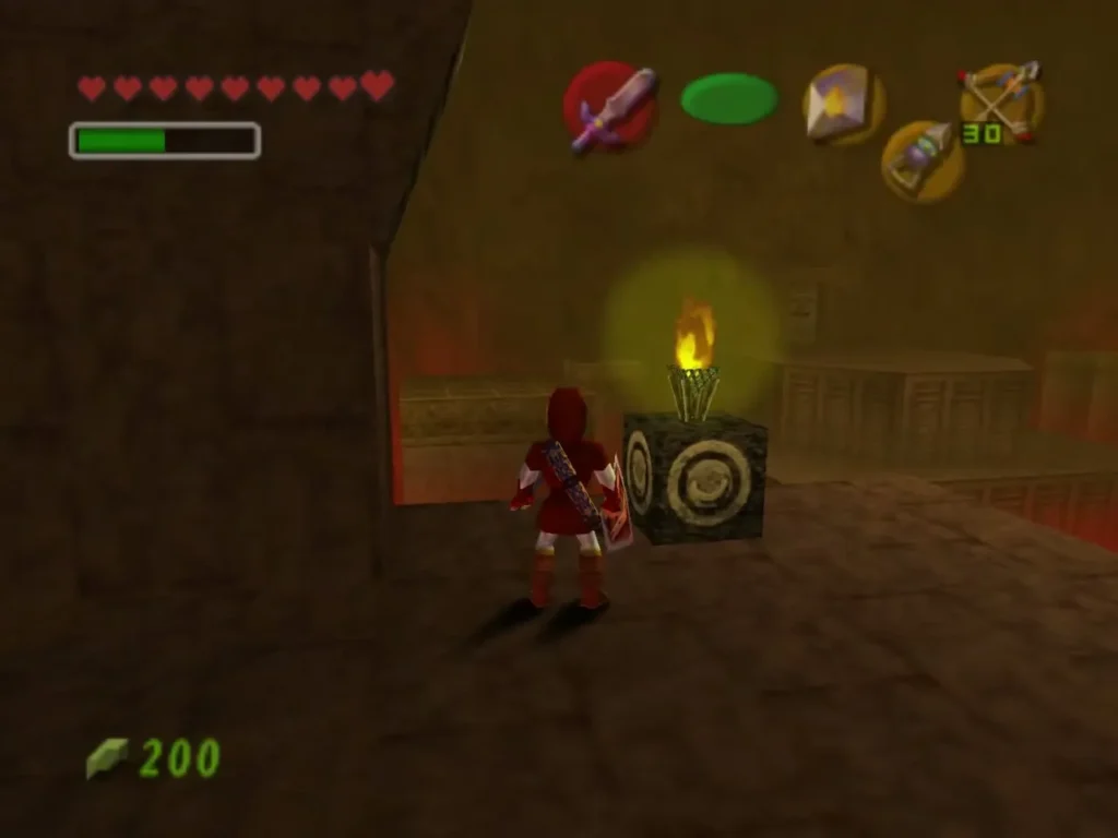 Link walks up to the lit torch set in a stone target block in the Fire Temple