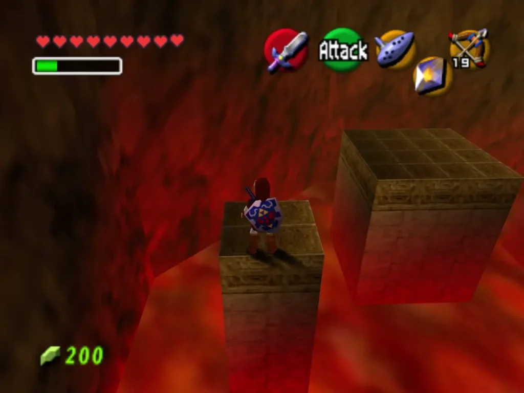 Link hops across stone pillars over the lava room in the Fire Temple