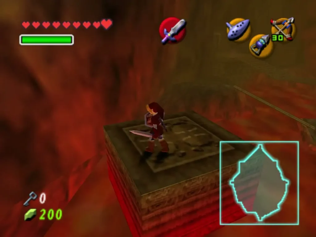 Link stands on a stone platform in the lava room