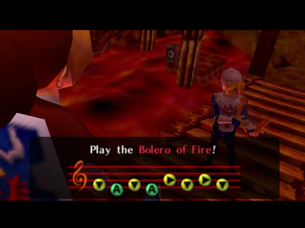 Sheik with a harp beside Link as the Play the Bolero of Fire prompt shows the note staff