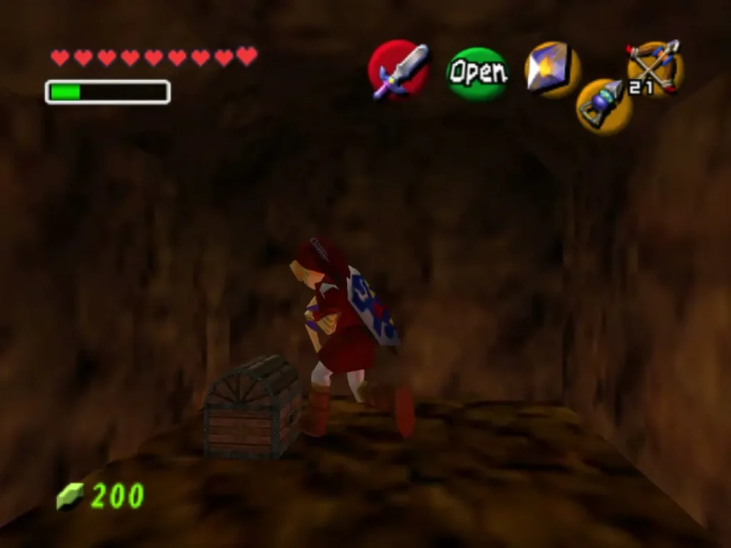 Link beside a wooden chest in a stone room, with the Open prompt showing
