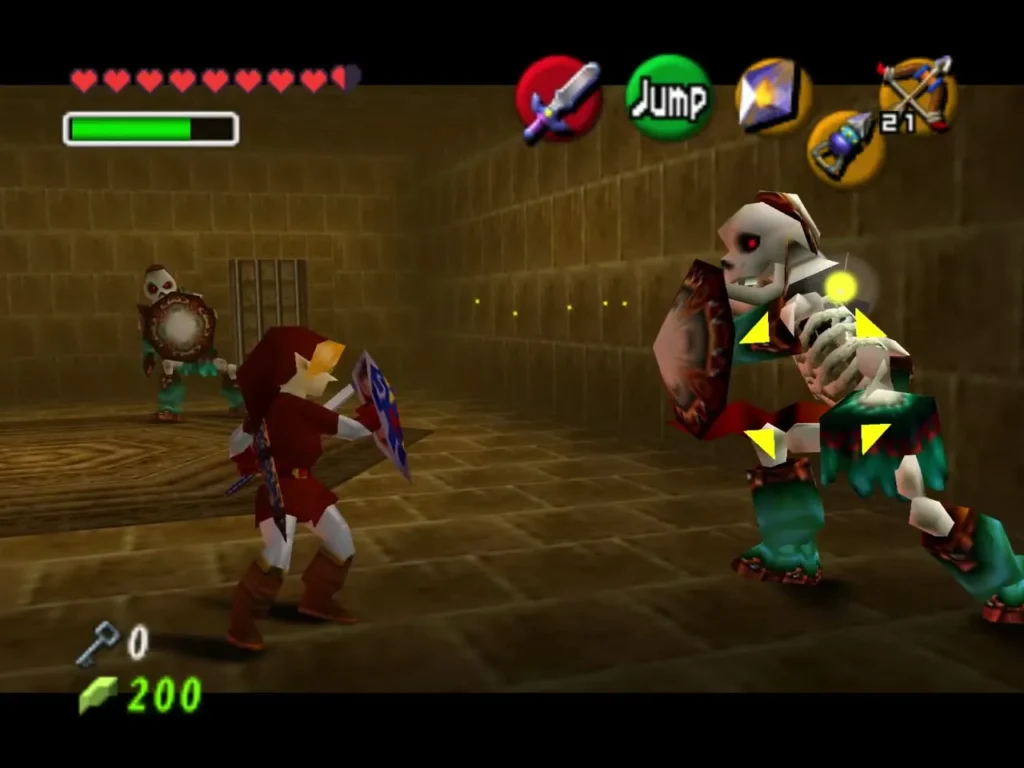 Link locks on to a Stalfos with another Stalfos behind him in the stone hall