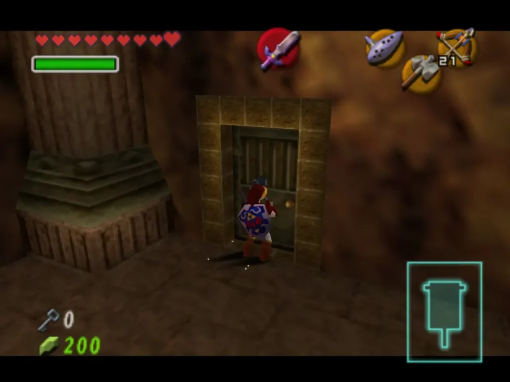 Link walks through a stone-framed doorway toward the lava area