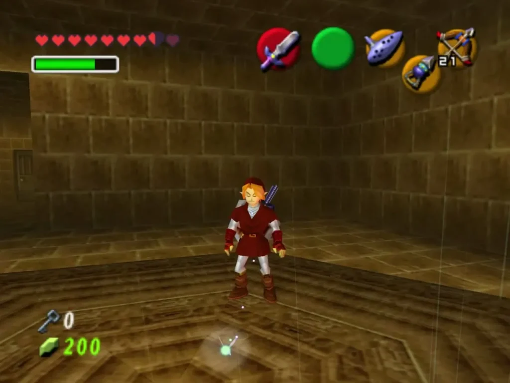 Link stands on the sun-symbol floor tile in a stone chamber of the Fire Temple