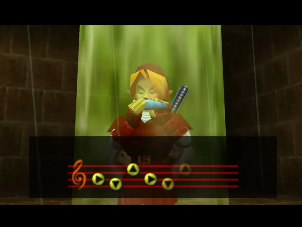 Link plays the Ocarina in a green light beam, with the note staff on screen