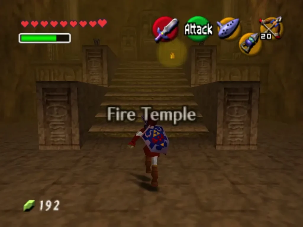 Link at the foot of the stone stairs as the Fire Temple title appears on screen