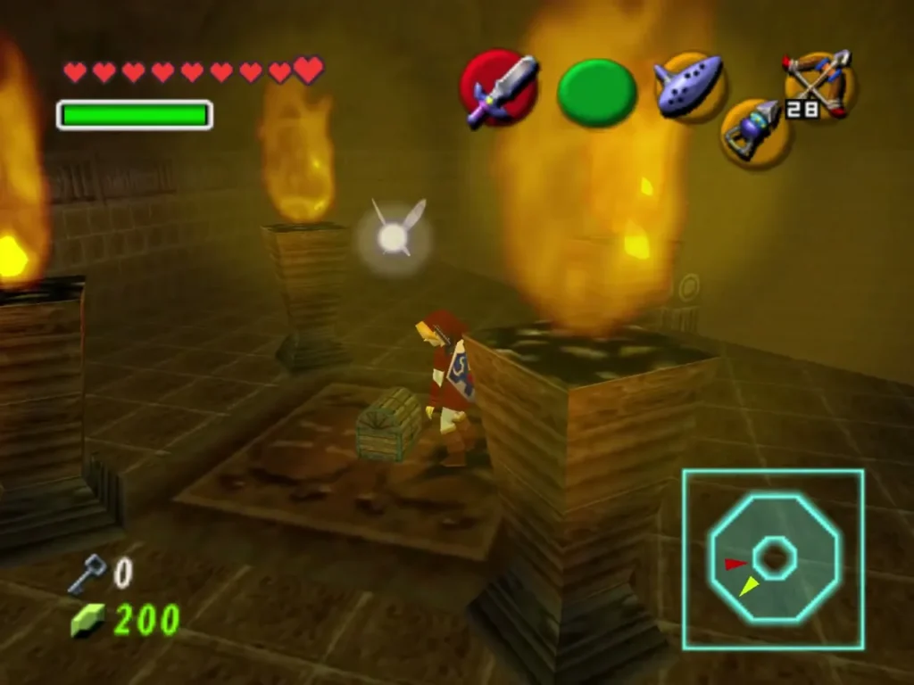 Link next to a closed chest on a platform, flames rising behind it